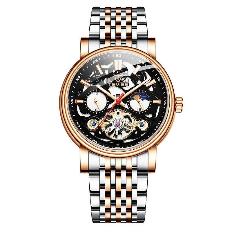 Men's black dial mechanical watch with visible golden tourbillon complication and luminous hands on a metal bracelet.