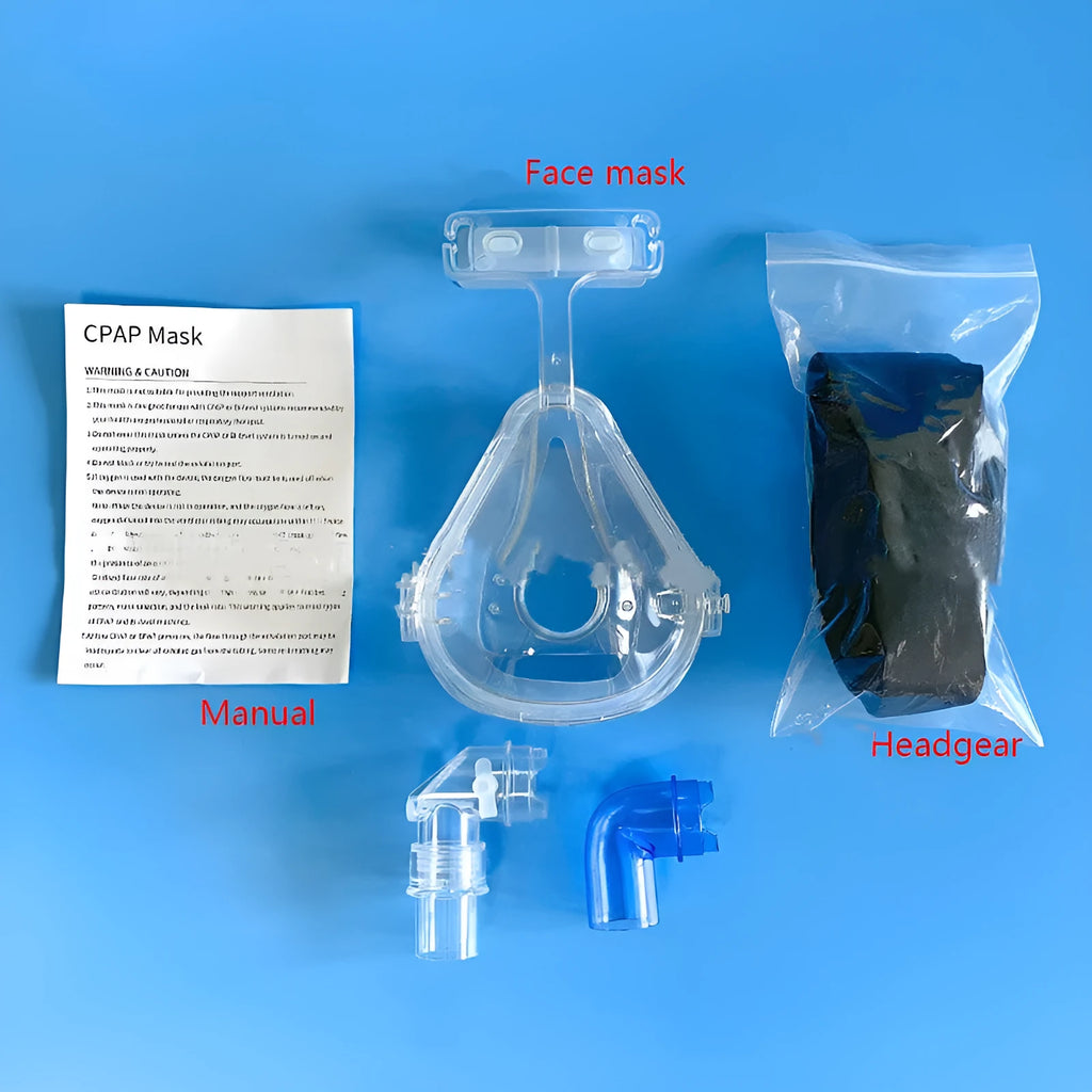 Transparent silicone CPAP breathing mask with headgear and two adapter elbows for ventilator connection