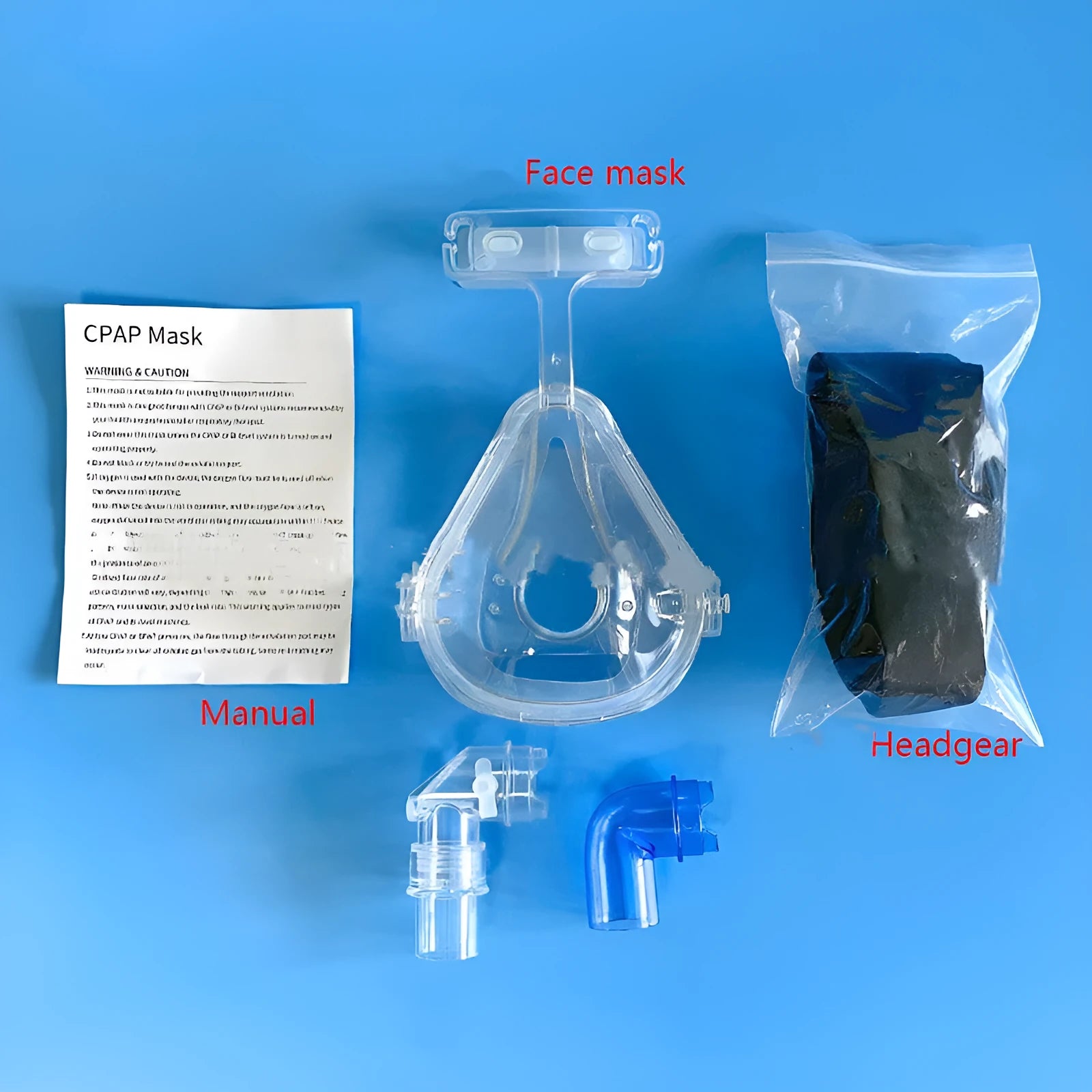 Transparent silicone CPAP breathing mask with headgear and two adapter elbows for ventilator connection