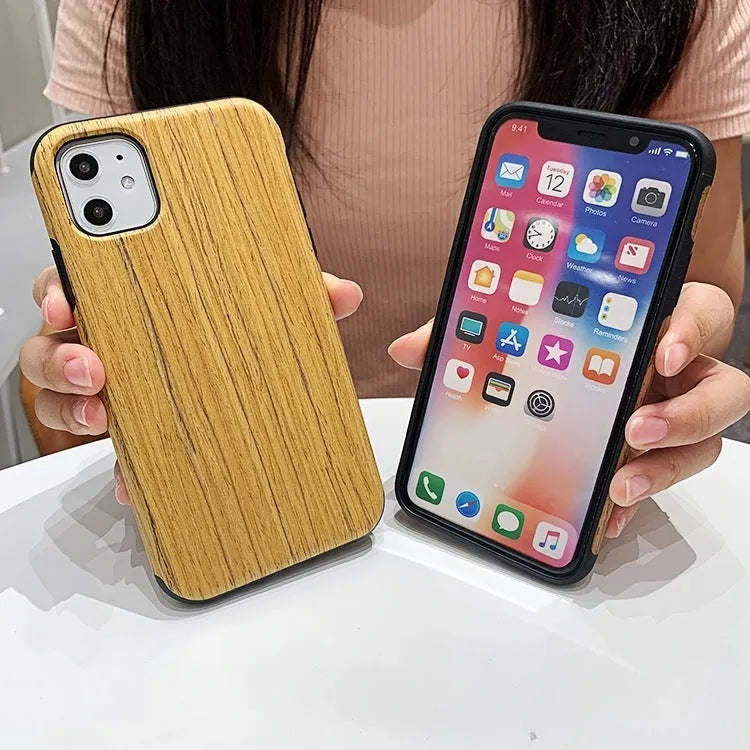 Wooden iPhone case with natural wood grain back cover showing rosewood, teak, black rose, and walnut colour options