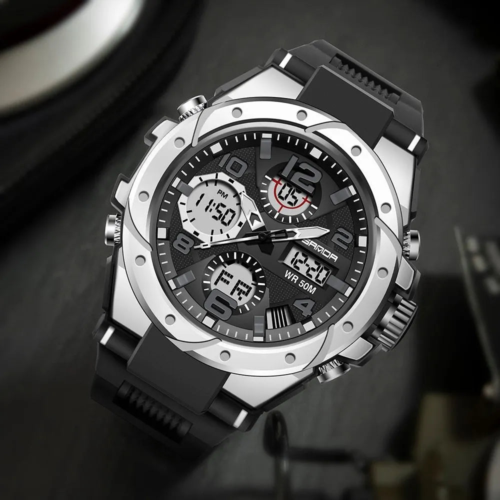 Men's military sports watch with 45mm round dial, resin case, rubber strap, and 30M water resistance.