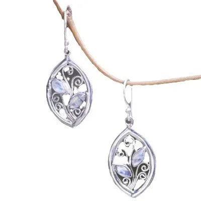 Silver leaf-shaped women's earrings with embedded colourful moonstones on alloy backing