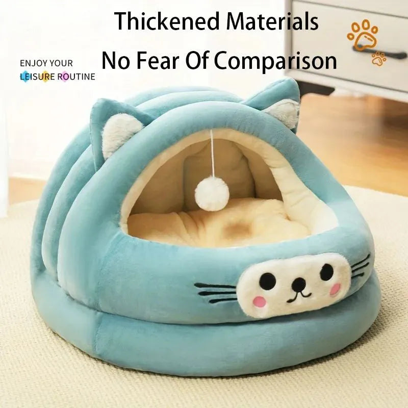 Semi-enclosed cat bed with cat ear design, thickened warm pet nest in brown, green, or yellow, sizes L M S