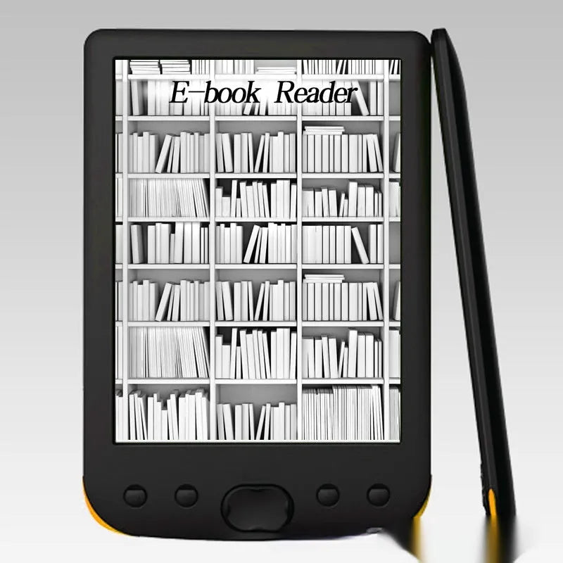Black 6-inch E-ink e-book reader showing its paper-like display screen