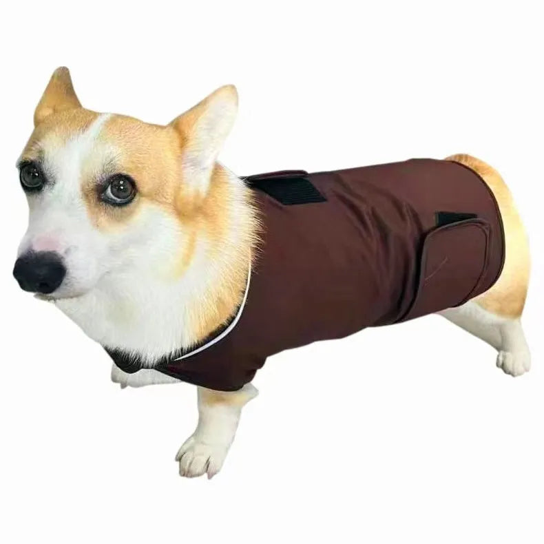 Dog wearing brown cotton-blend anxiety vest for separation relief
