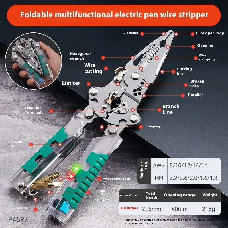 8.8-inch black handled electricians' pointed pliers with integrated wire stripper jaws
