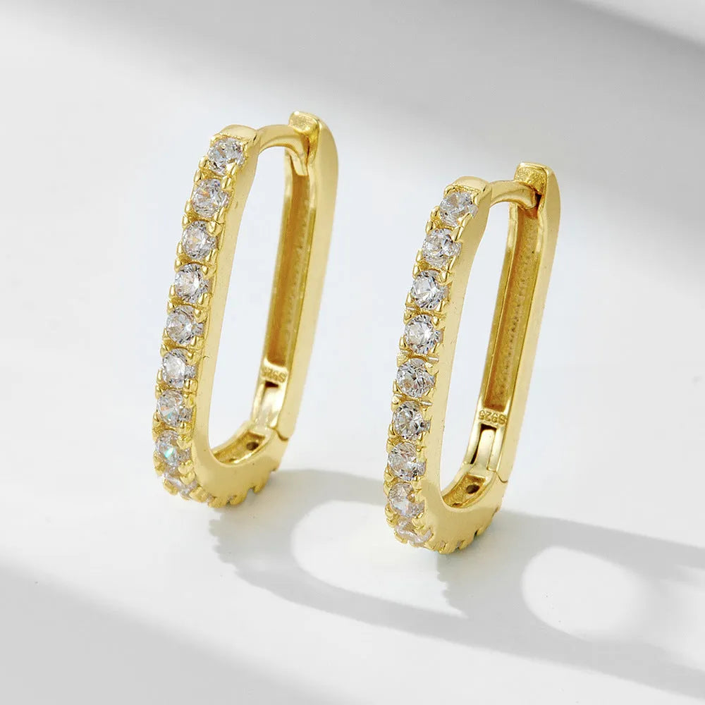 S925 sterling silver geometric ear clip earrings with oval zircon stones in yellow and white colour options