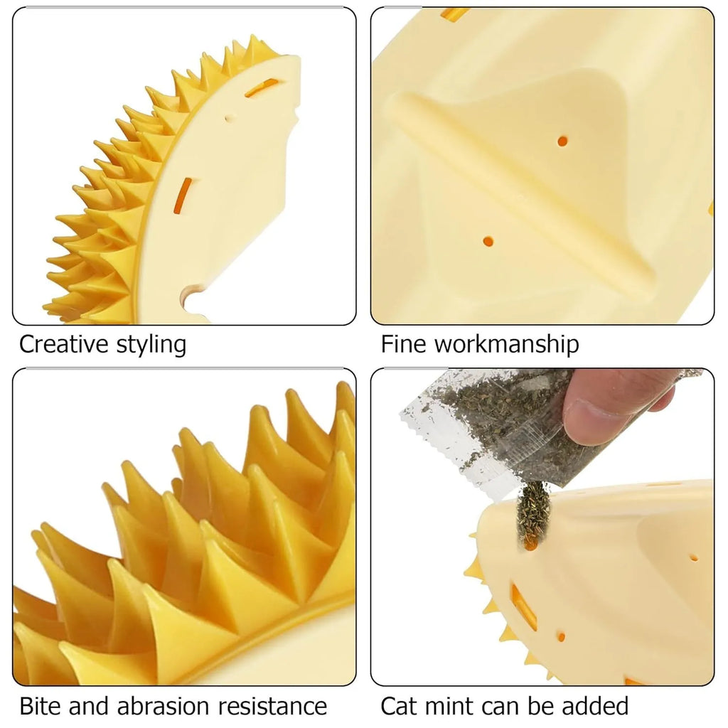 Yellow durian-shaped cat corner scratcher and groomer mounted on a wall