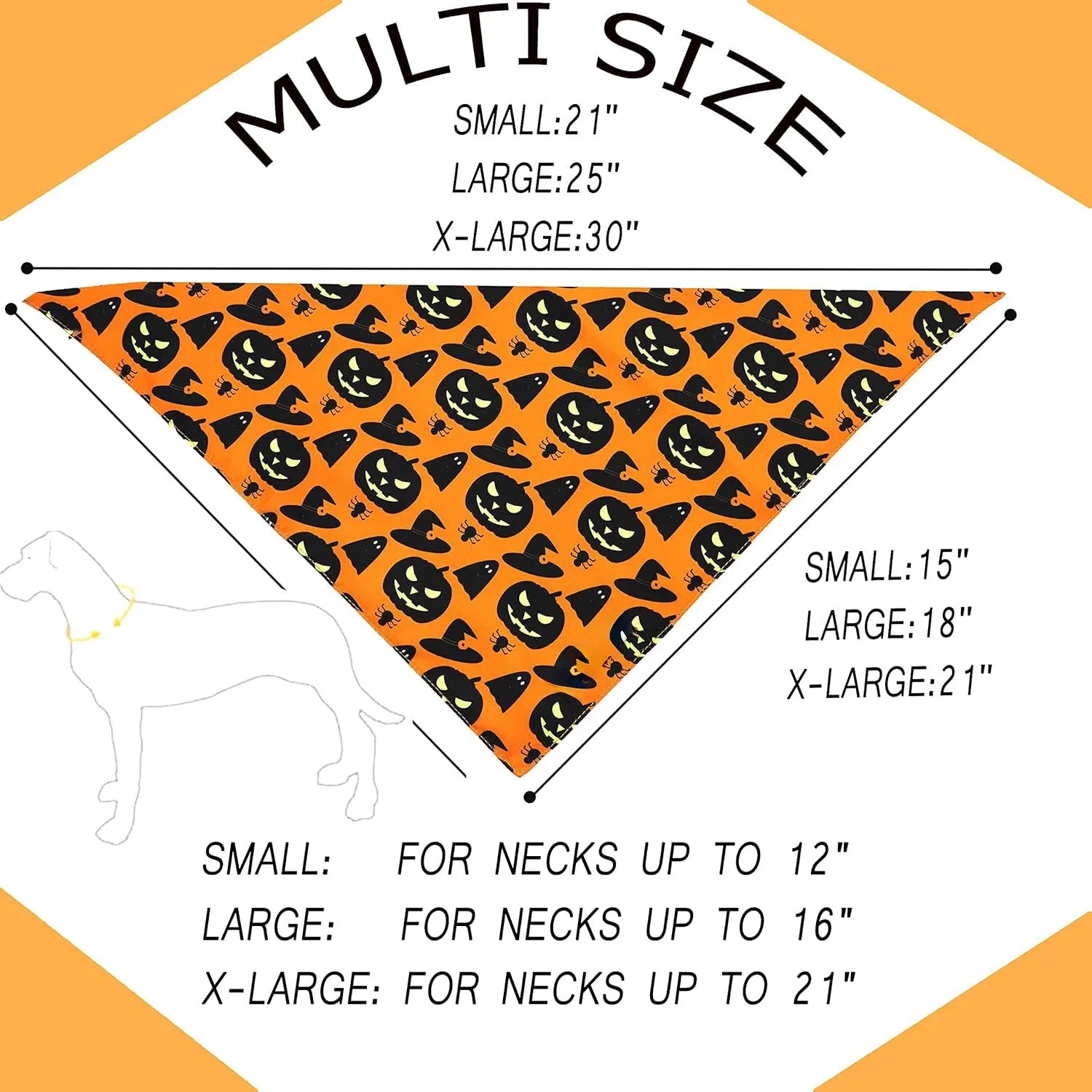 Reversible Halloween dog bandana with pumpkin and spider web patterns in black and orange colours