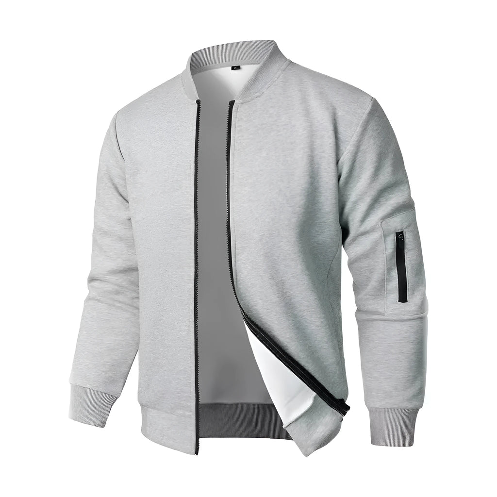 A man's loose-fit knitted jacket in a business casual style, shown in grey.