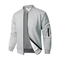A man's loose-fit knitted jacket in a business casual style, shown in grey.