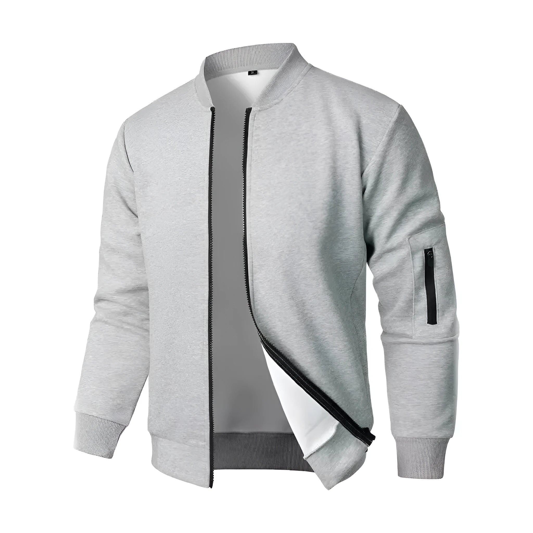 A man's loose-fit knitted jacket in a business casual style, shown in grey.