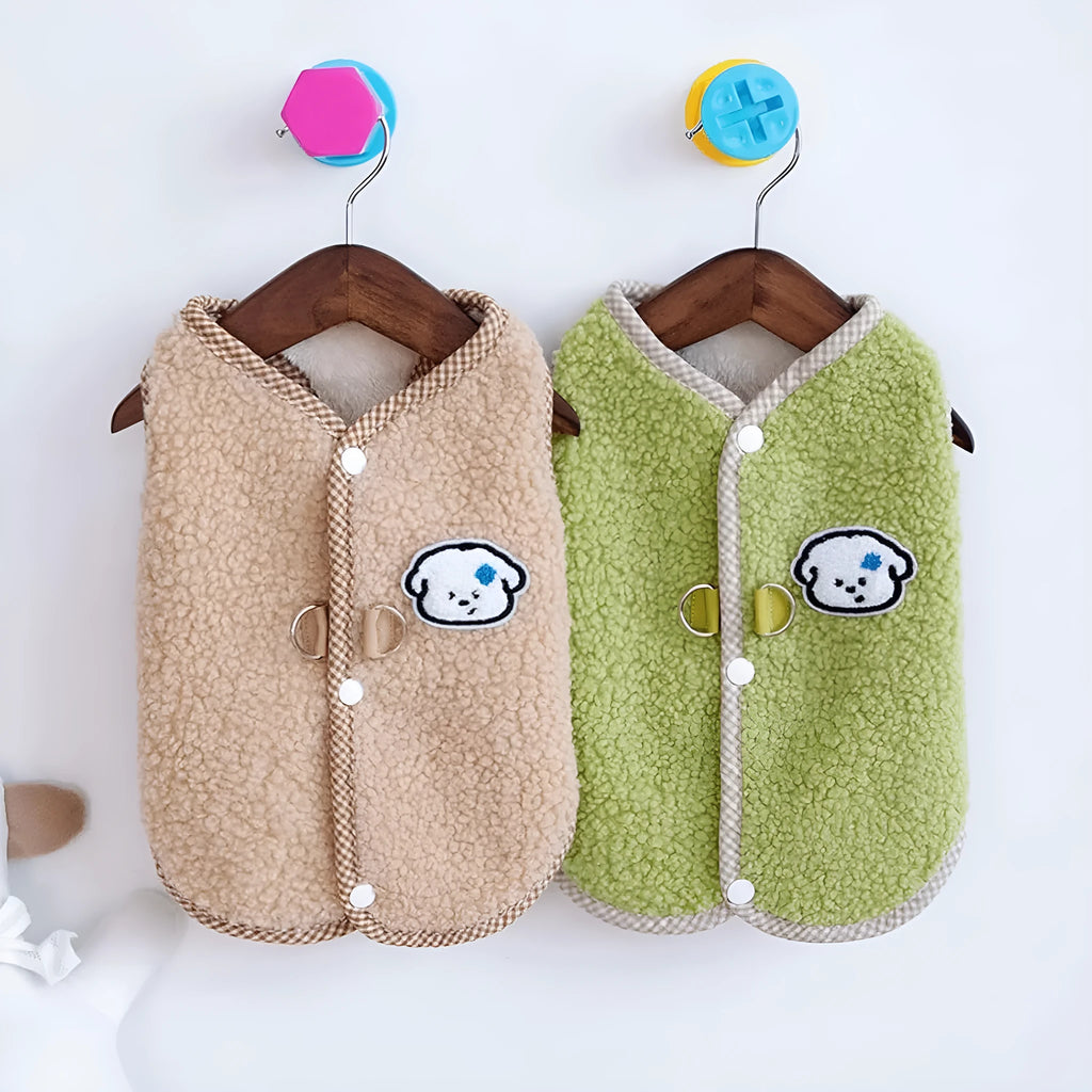 Green coral fleece dog vest with metal leash ring for small pets