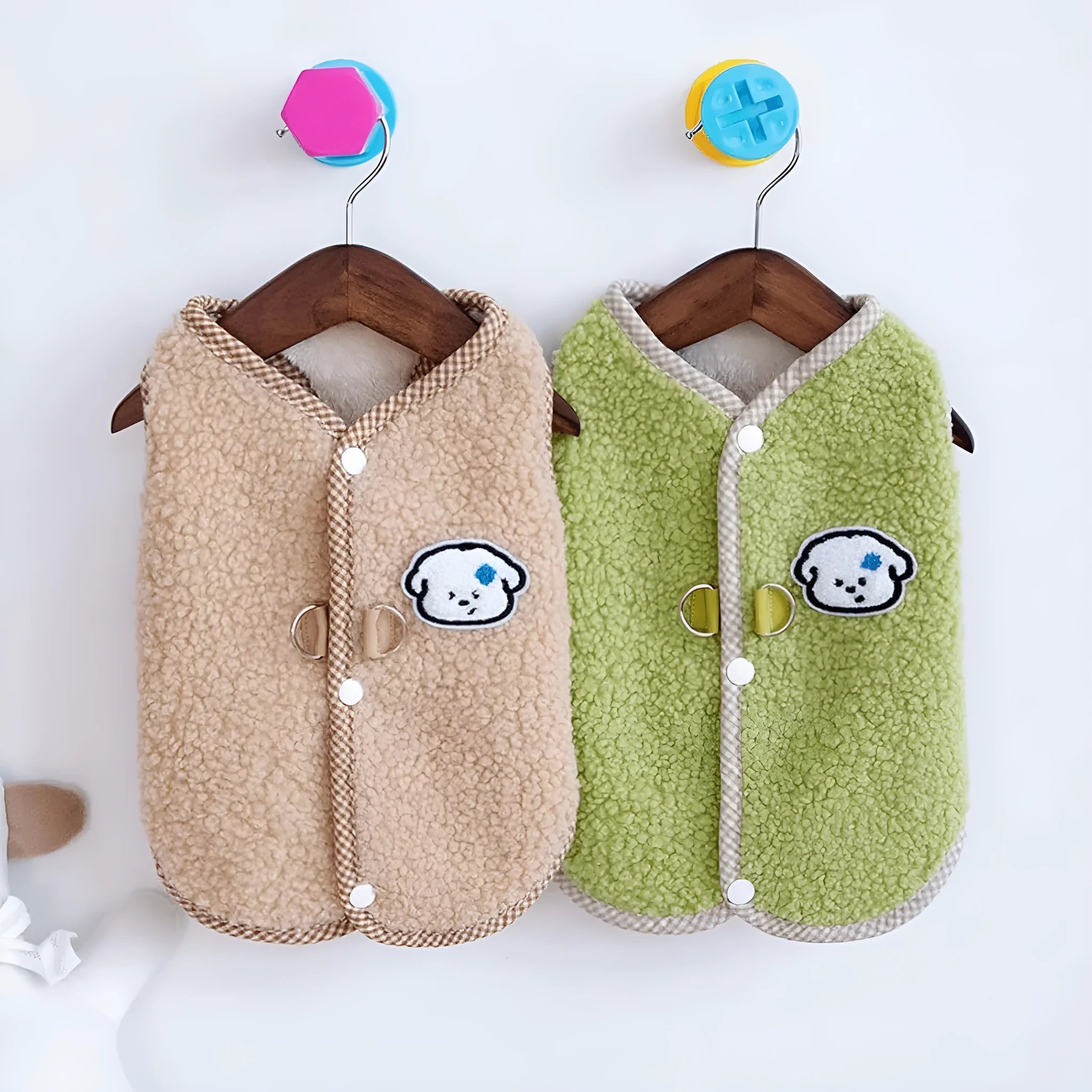 Green coral fleece dog vest with metal leash ring for small pets