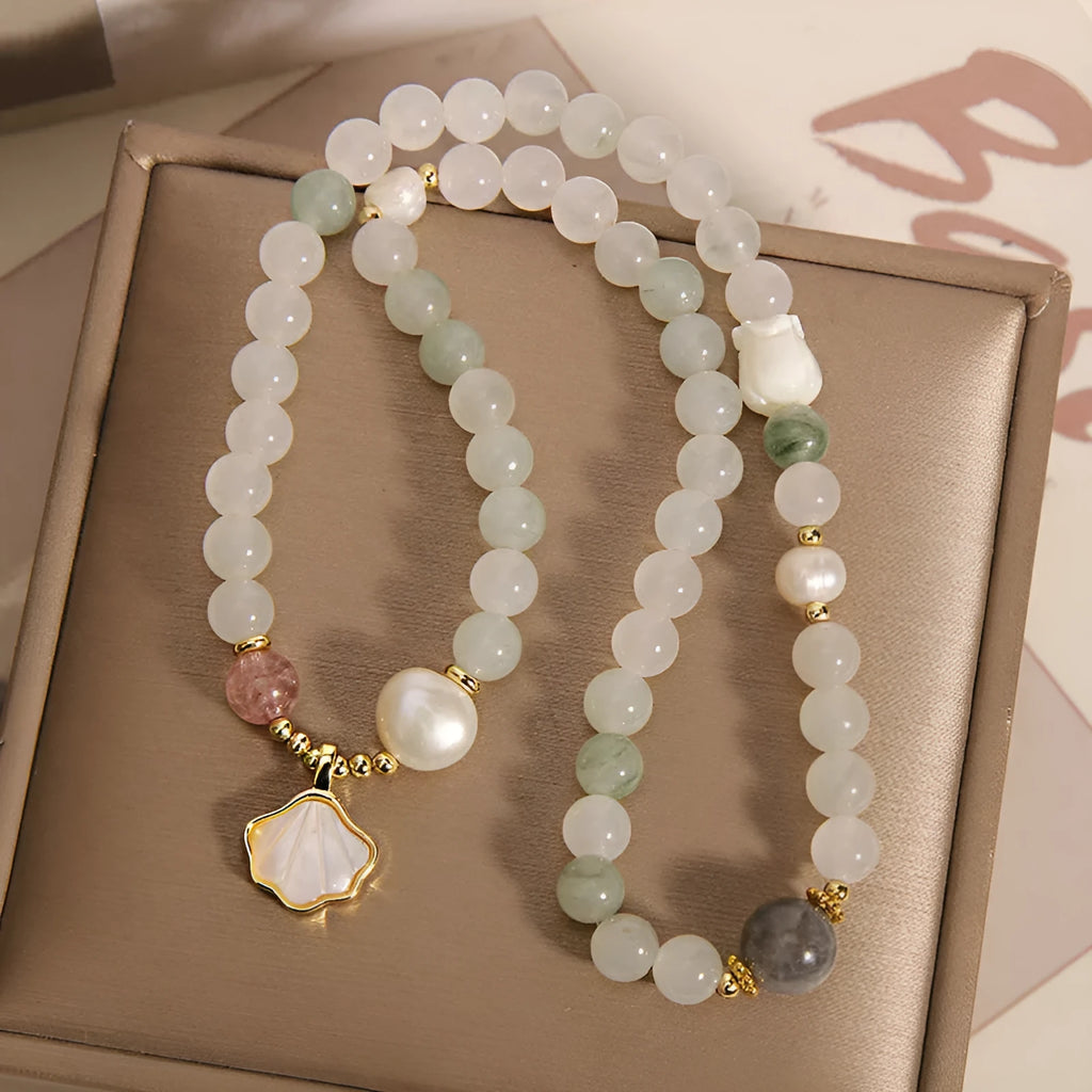 Women's crystal bracelet with Tianshan jade ginkgo leaf pendant, gold-plated artificial gemstone inlay, and rhinestones
