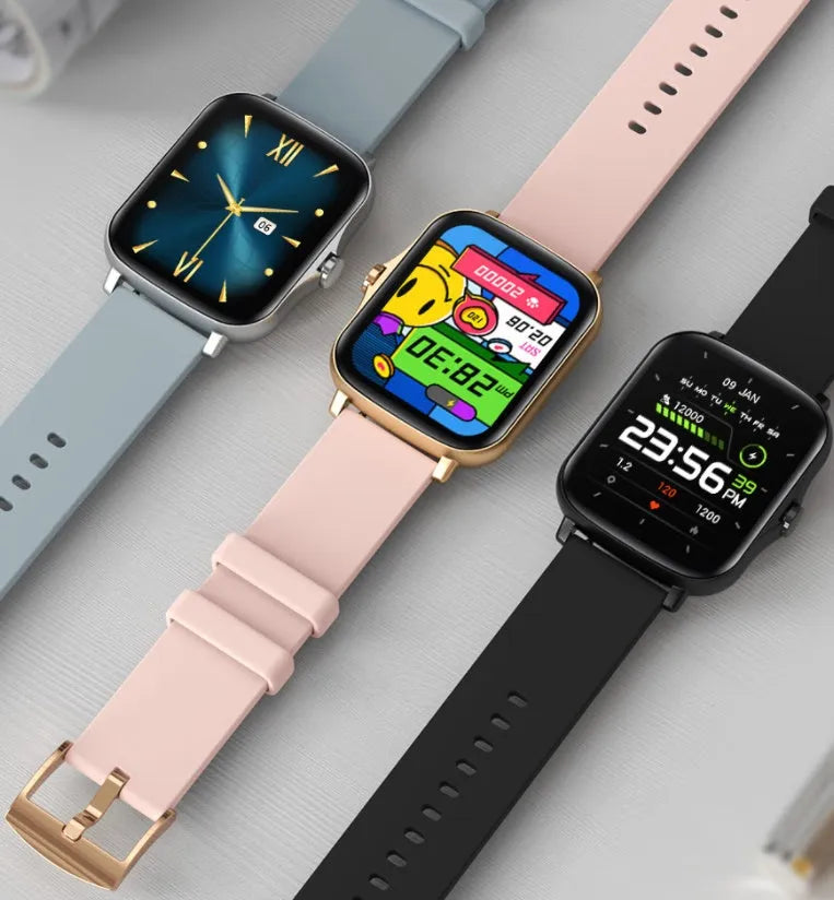Blue smart watch with 1.7-inch touch screen showing fitness data on wrist