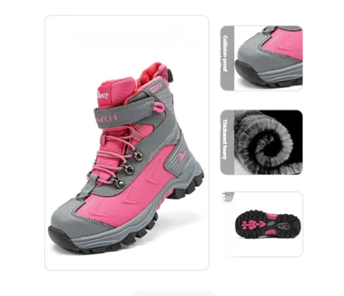 Children's fleece-lined snow boots in split cowhide with Velcro strap and non-slip rubber sole