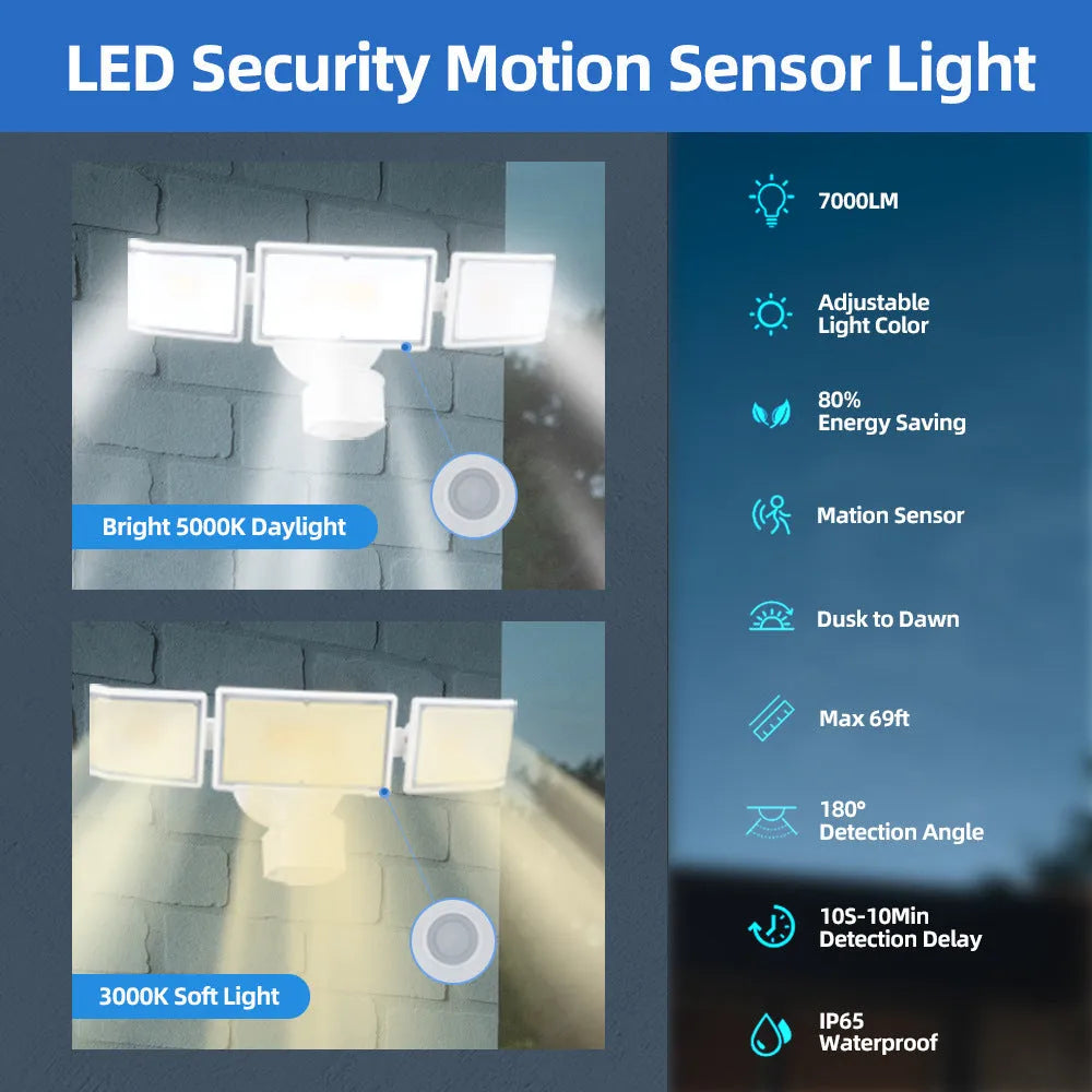 White outdoor LED security flood light with motion sensor mounted on a wall.