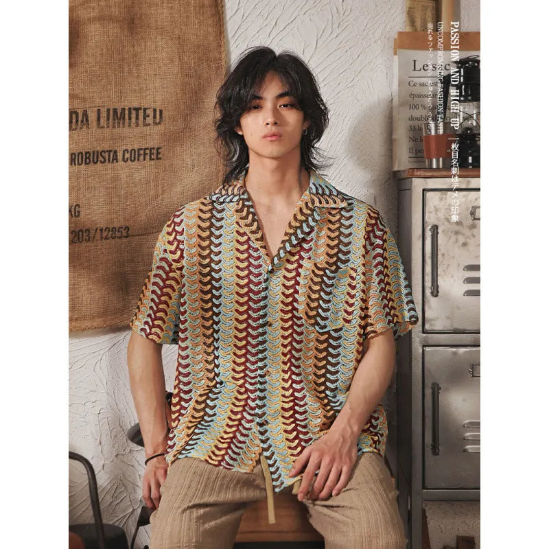 Grey Japanese style men's short sleeve shirt with a Cuban collar and jacquard pattern.
