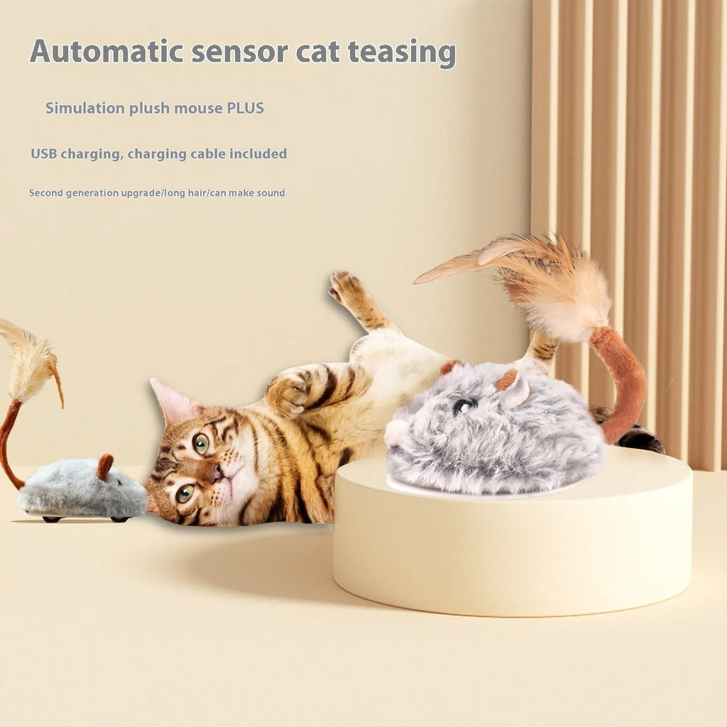 Electric cat toy with plush mouse on pole, available in pink, purple or dark grey