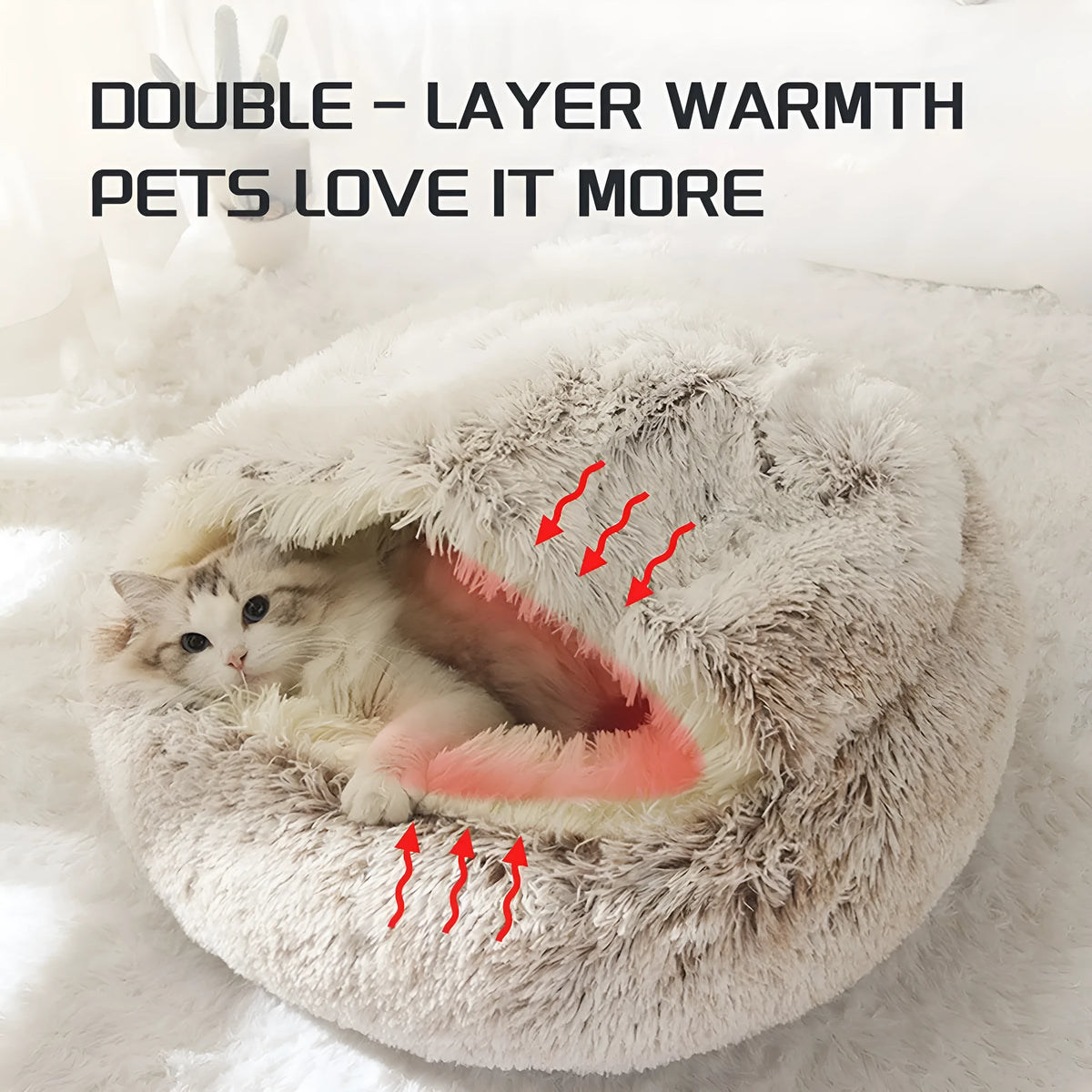Round plush hooded cat bed in faux fur with non-skid base, semi-enclosed donut shape, available in 40cm, 50cm, 60cm