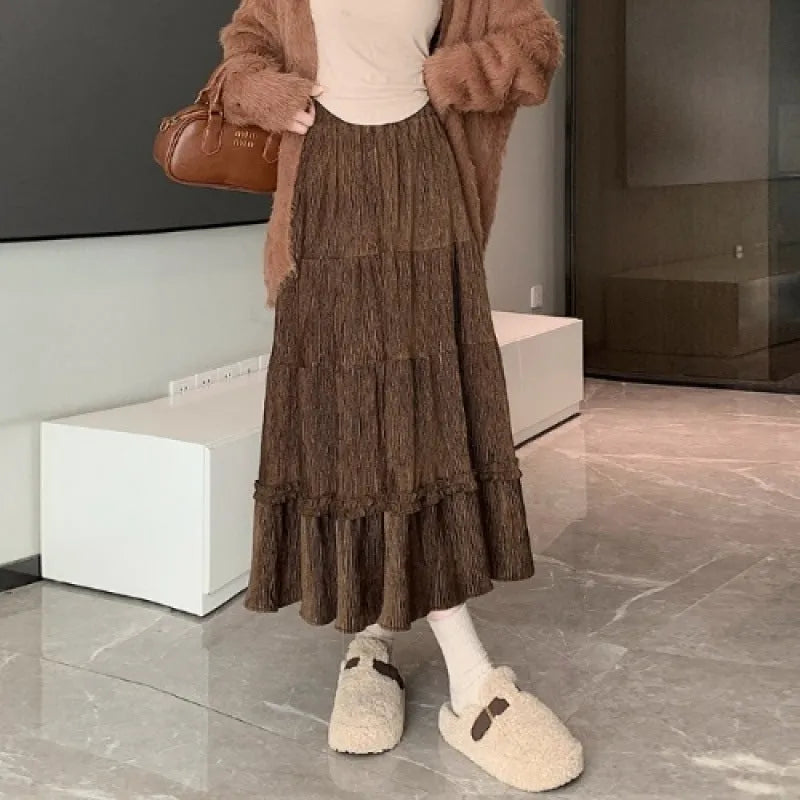 Women's beige corduroy A-line midi skirt with elastic waistband Korean style solid colour