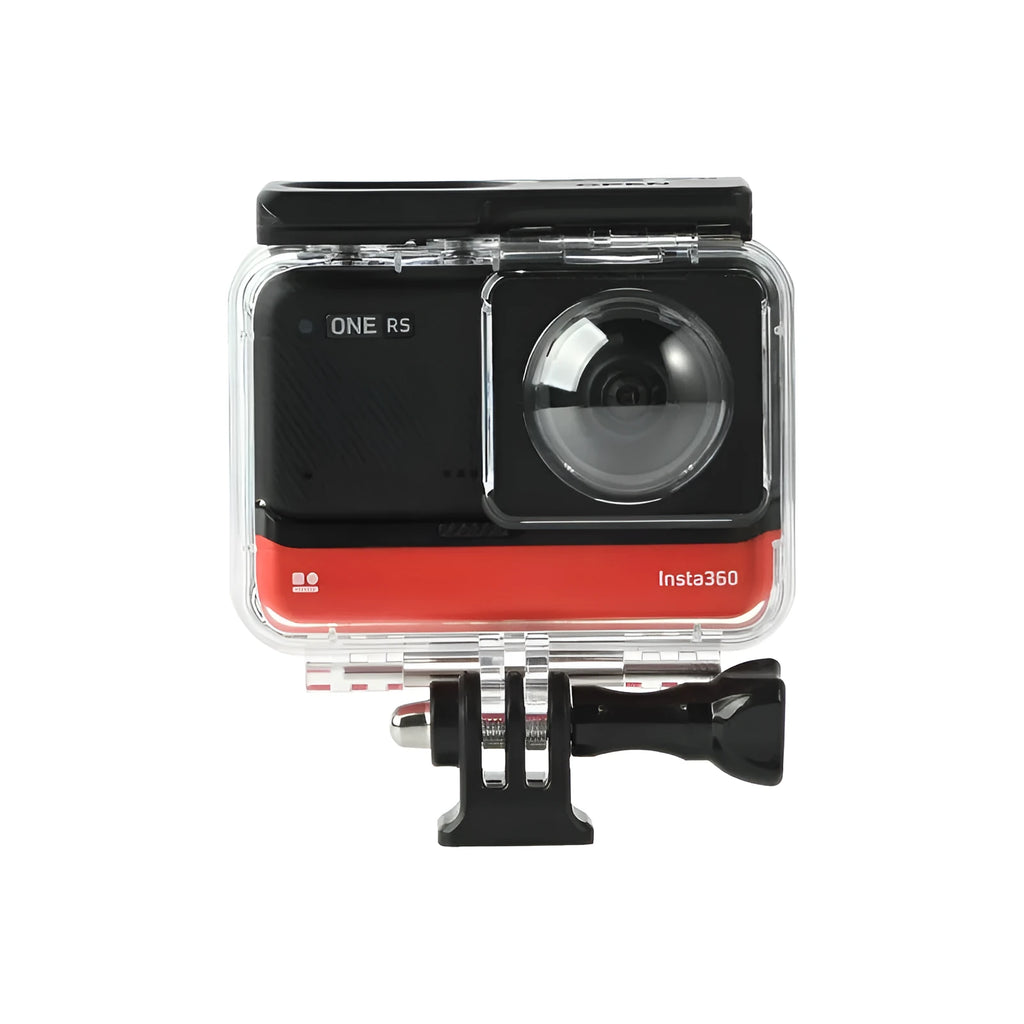 Transparent waterproof case for Insta360 One RS panoramic camera showing dimensions