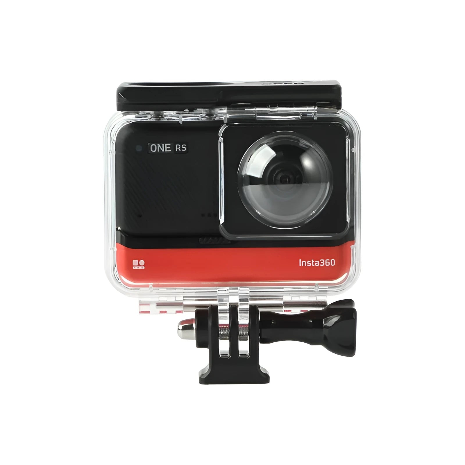 Transparent waterproof case for Insta360 One RS panoramic camera showing dimensions