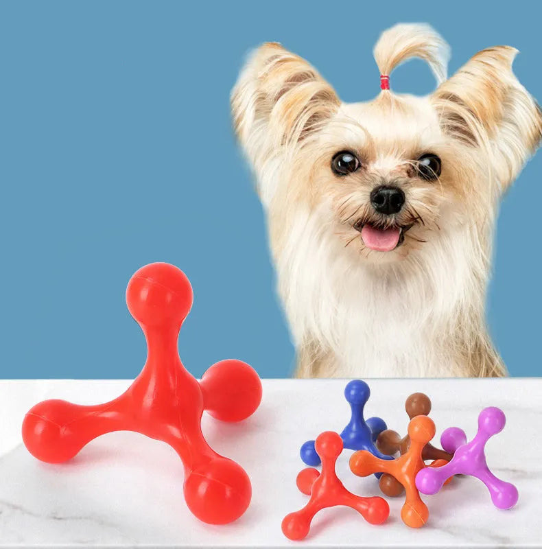 Three-legged blue silicone chew toy for puppies on a white background