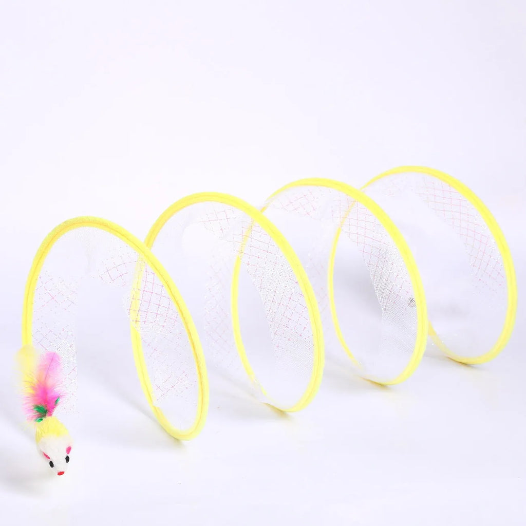 Collapsible cat tunnel toy with feather teaser and steel wire frame for indoor pet play