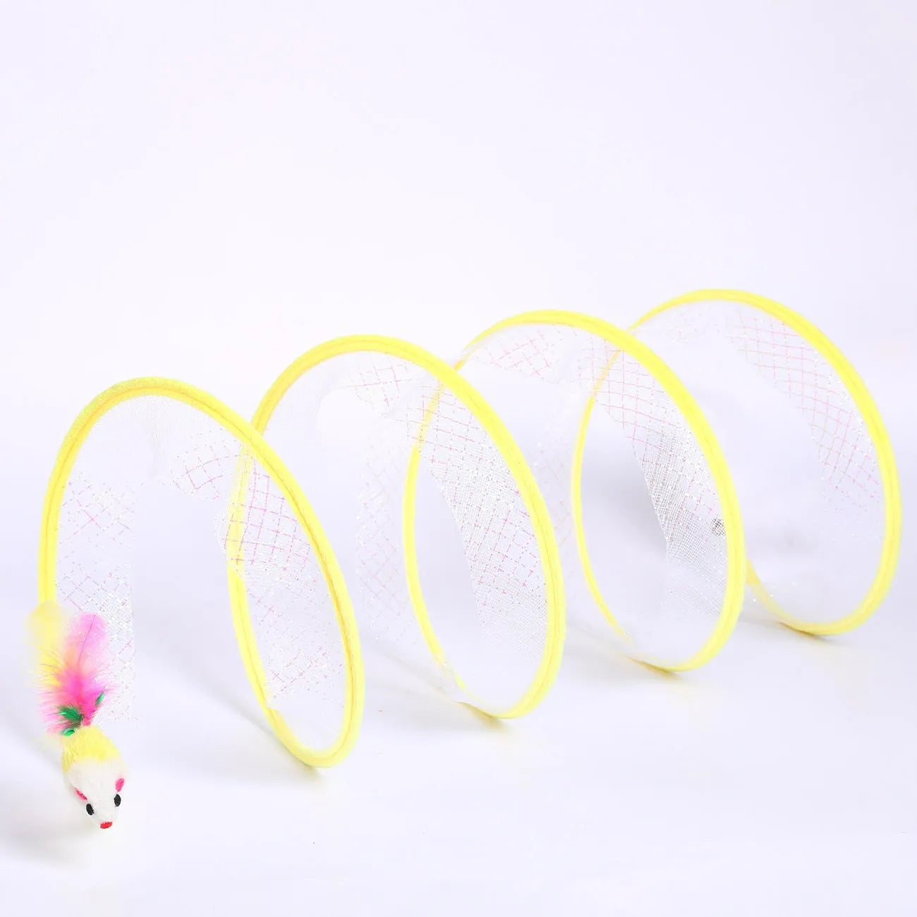 Collapsible cat tunnel toy with feather teaser and steel wire frame for indoor pet play