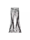 White retro selvedge jeans with black ribbon gradient detailing and mid-waist zip-fly design
