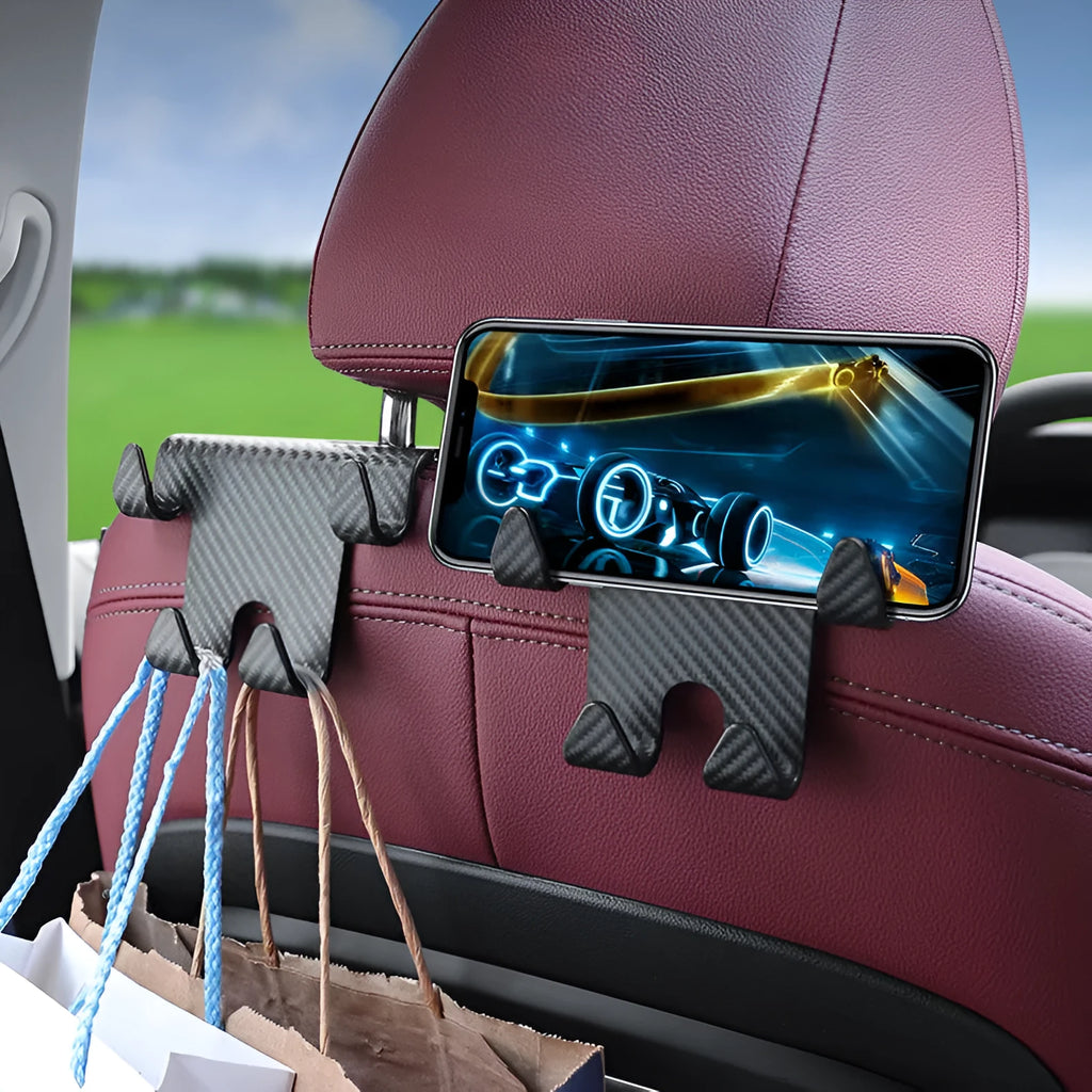 Black ABS plastic car seat hook with integrated mobile phone holder bracket