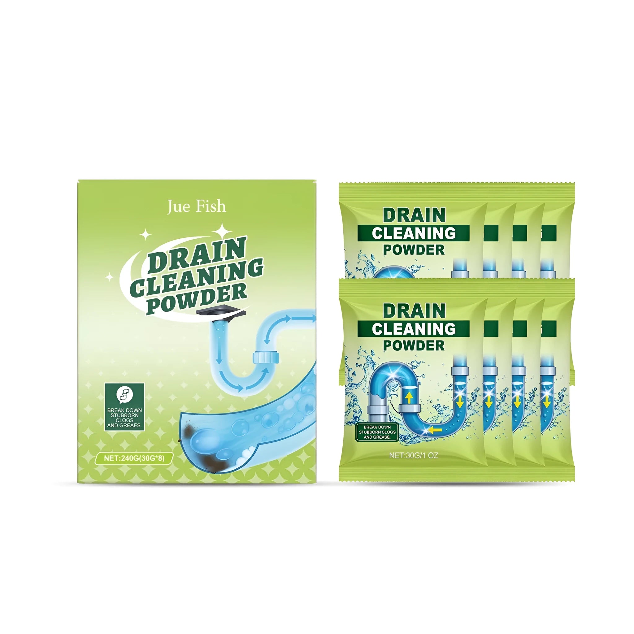 Drain cleaning powder 240g pack with eight individual 30g sachets for unblocking sinks and basins