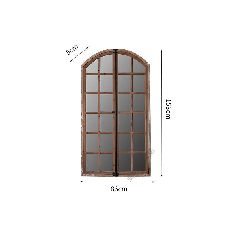 Log colour distressed fake window design wall mirror with wooden glass frame