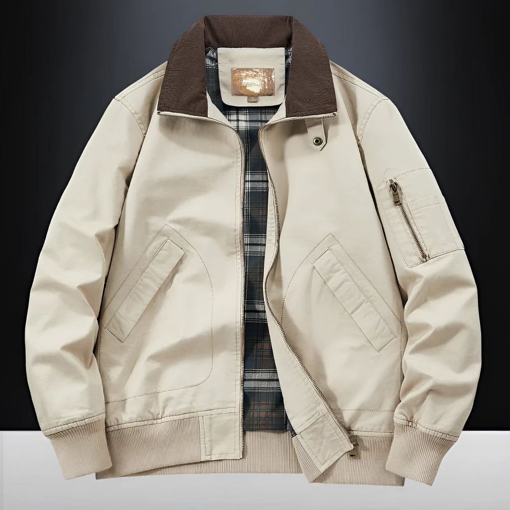Men's plus size washed cotton baseball flight jacket in beige colour
