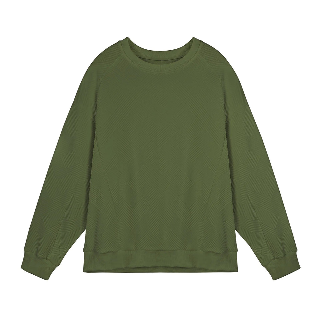 Men's loose long-sleeved sweater in twill jacquard fabric, shown in Army Green colour with a round neck.