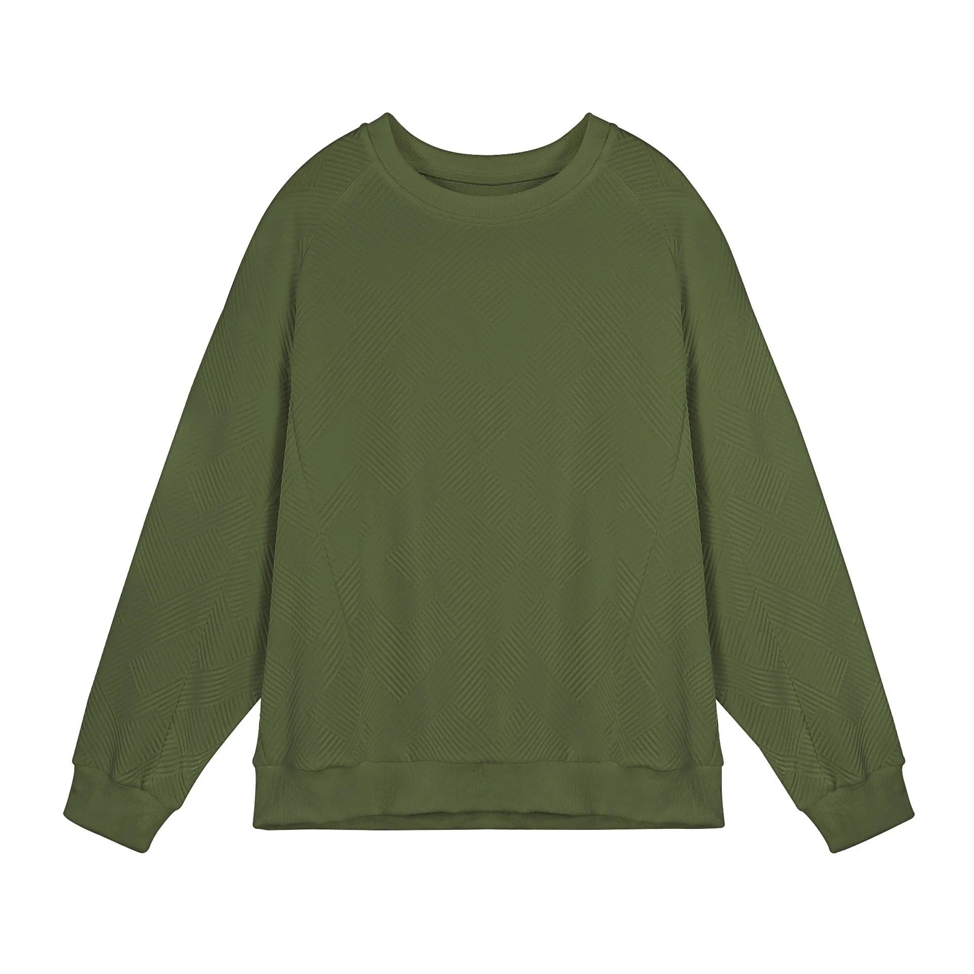 Men's loose long-sleeved sweater in twill jacquard fabric, shown in Army Green colour with a round neck.