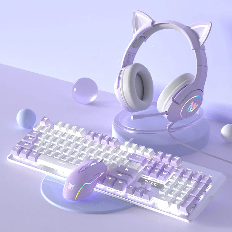 Purple and white mechanical keyboard and mouse set with backlight illumination on desk