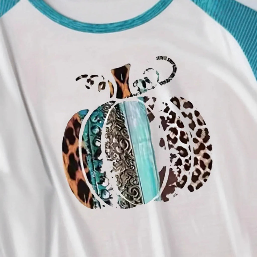 Sky blue polyester T-shirt with white 3D Halloween pumpkin print, long sleeve casual top