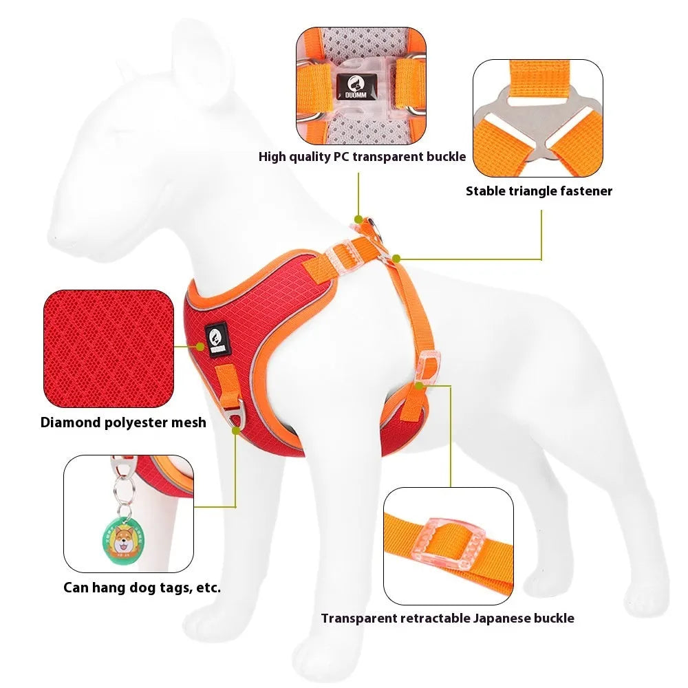 Adjustable breathable dog harness with reflective piping in black, red, gray, or light purple