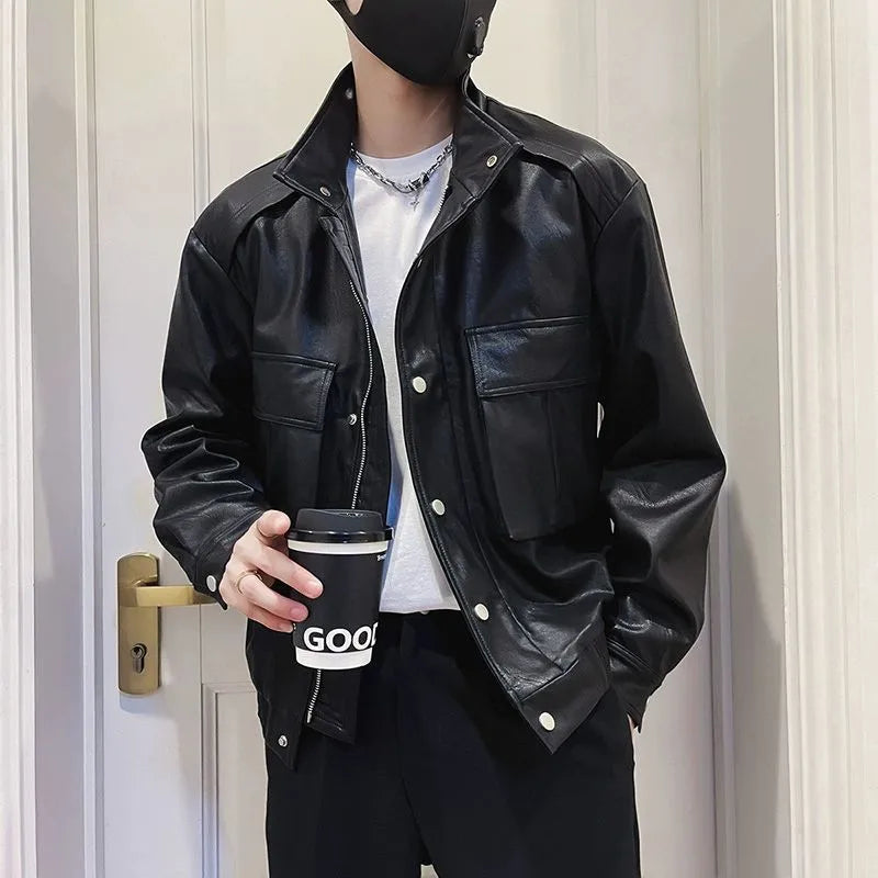 Men's black Korean style regular fit PU leather jacket with straight hem and side seam pockets