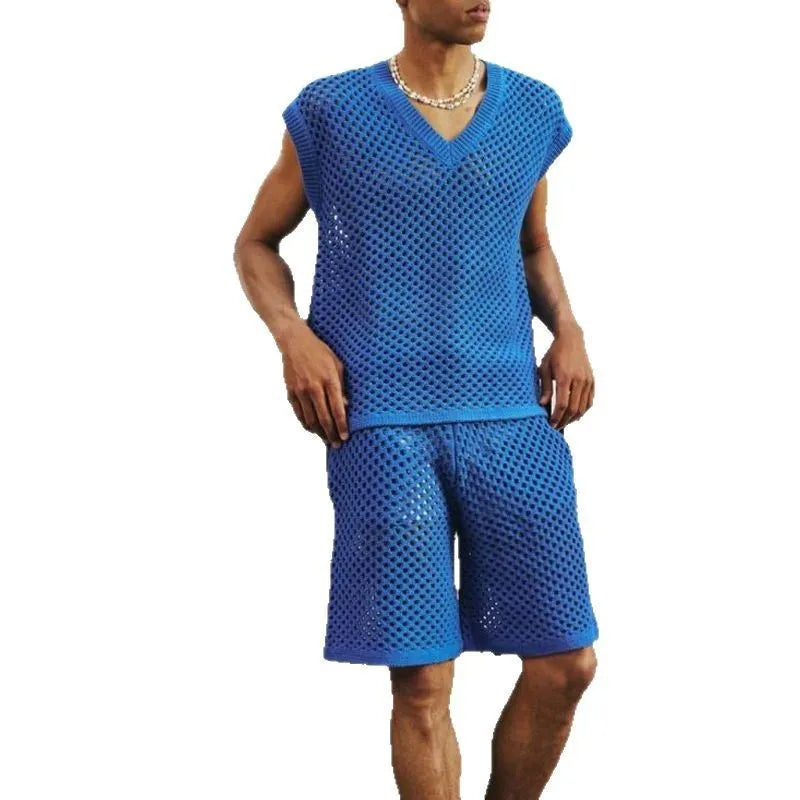 Men's blue V-neck sleeveless vest and matching shorts sports outfit on a hanger.