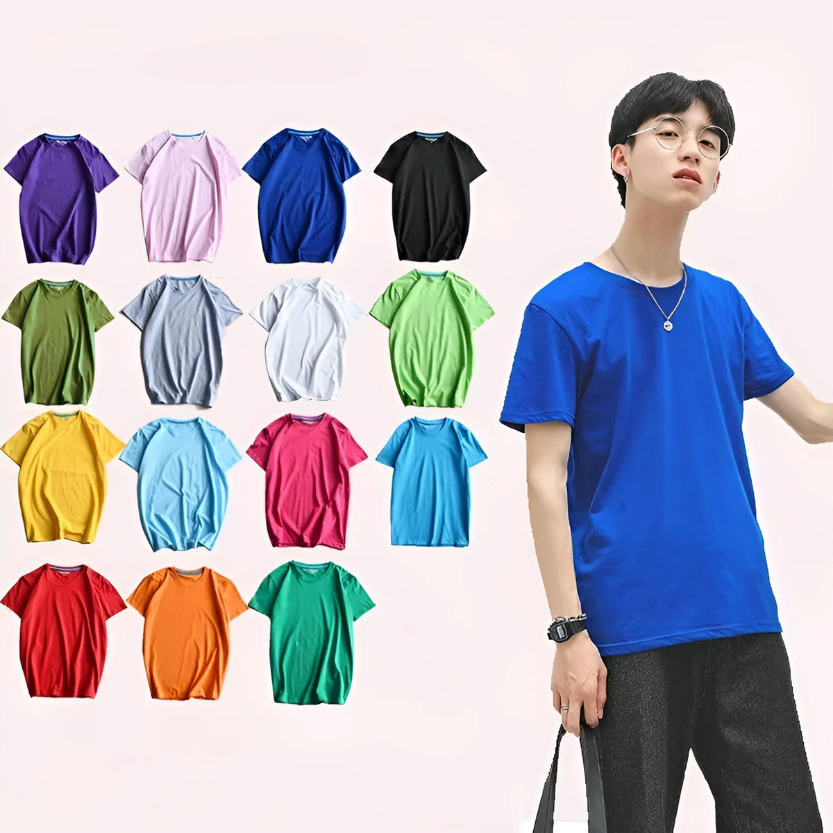 Men's solid colour combed cotton round neck T-shirt on a hanger