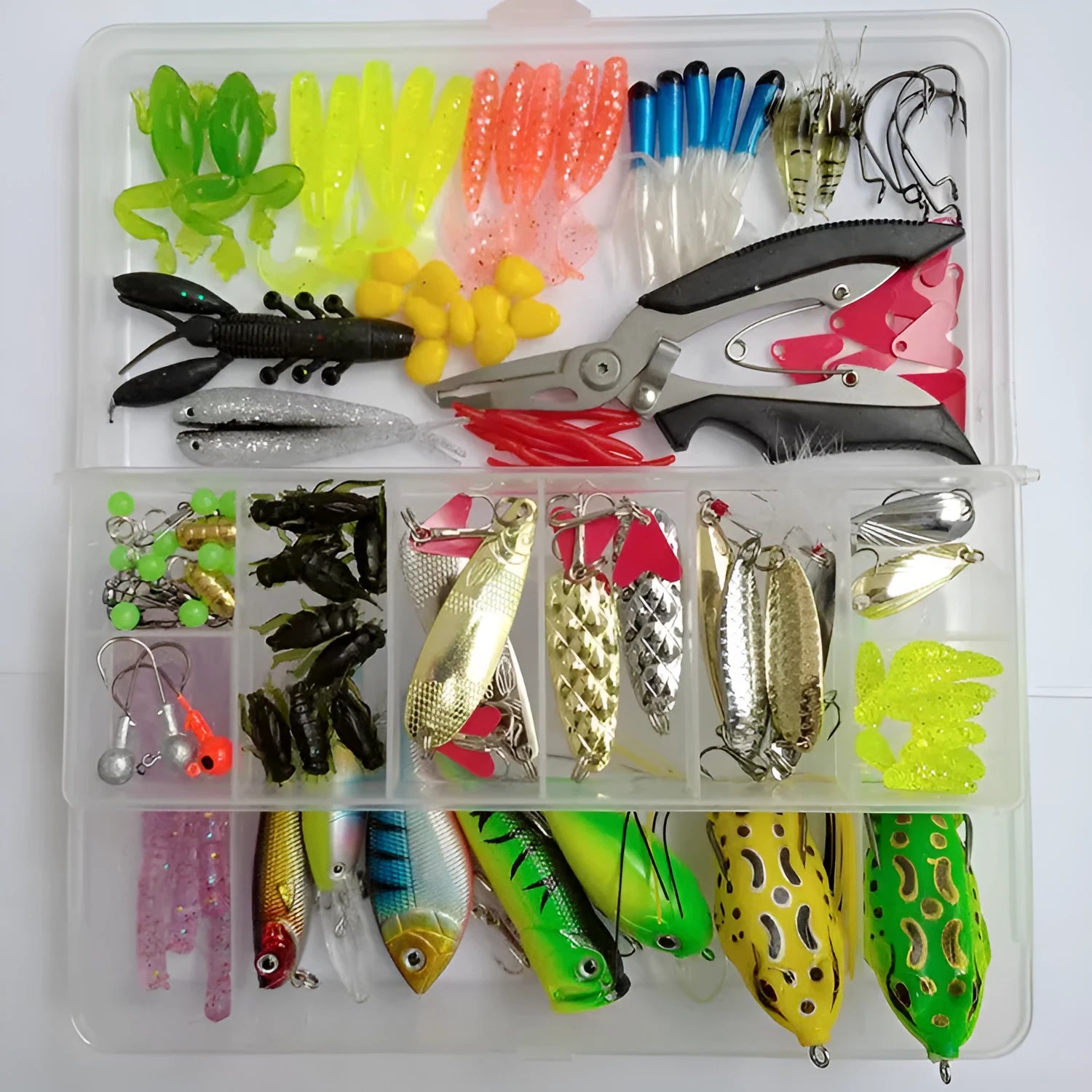 Fishing lure kit with 142 pieces including hard minnow lures, sequins, hooks, and metal fishing pliers on a blue background.