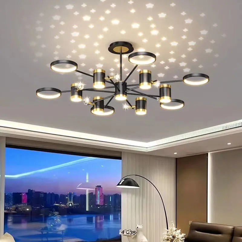Black iron chandelier with 13 heads and remote control for smart home lighting