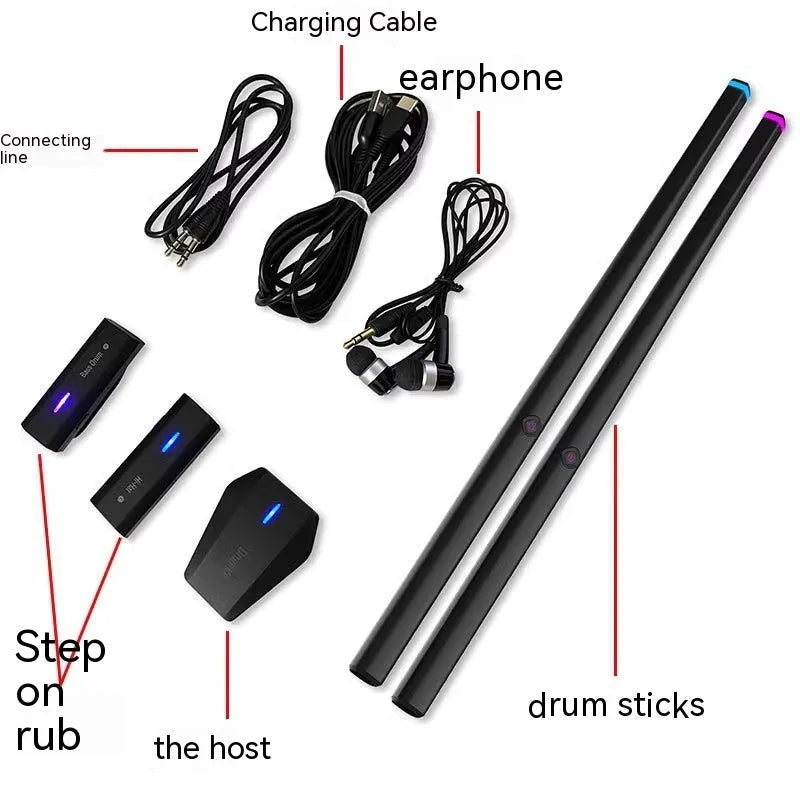 Black somatosensory air drum kit virtual AR toy with wireless drumsticks and LED lighting on a stand