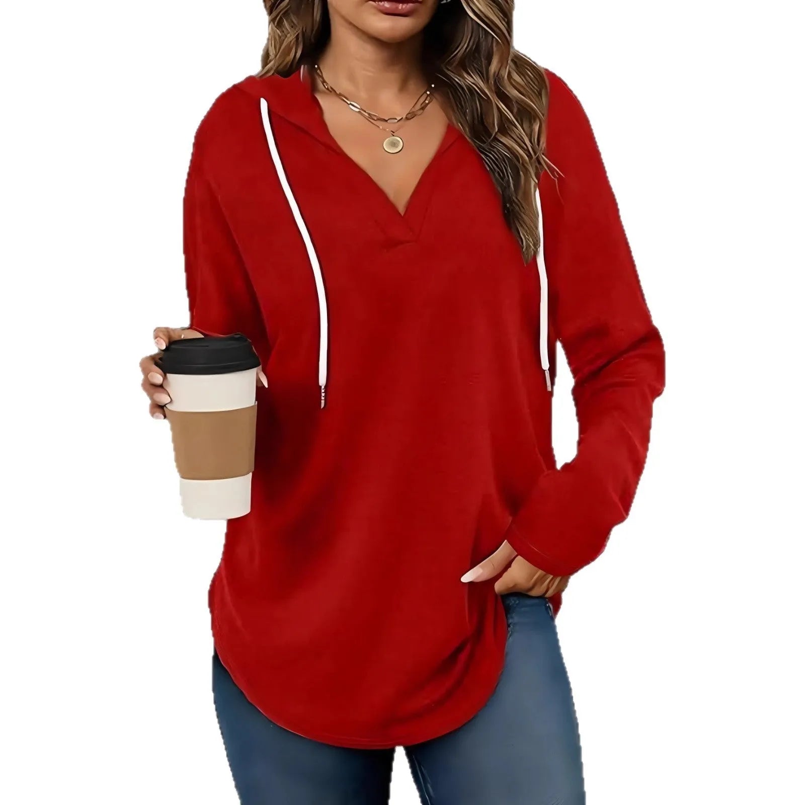 Women's red hooded V-neck sweatshirt with long sleeves on hanger