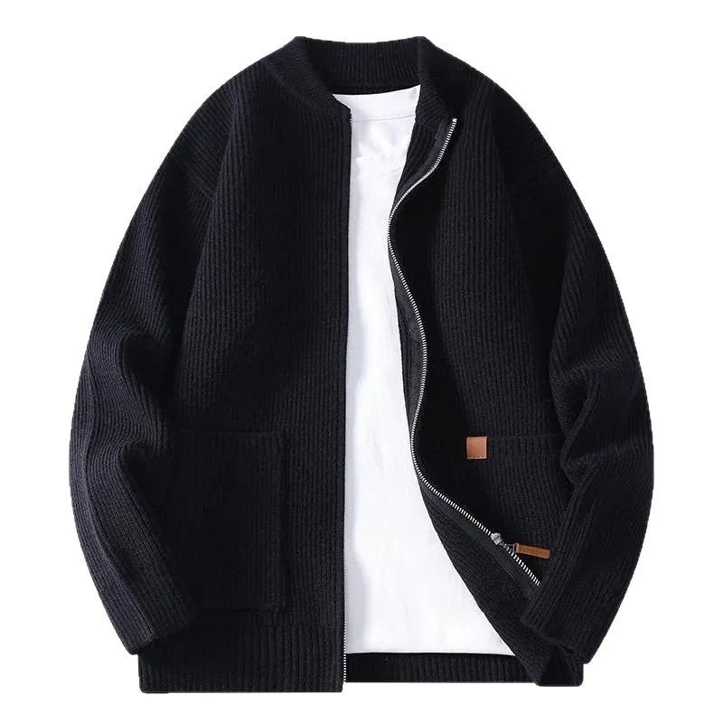 A man's straight-cut striped cardigan in a polyvinyl alcohol fibre blend, shown in beige colour.