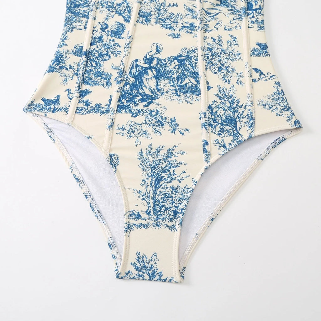 Blue women's one-piece swimsuit with detachable gauze skirt in polyester fabric
